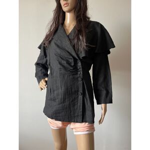 Vintage Sue Wong 80s Black Linen Jacket / Blouse Capelet Yoke Edwardian Inspired